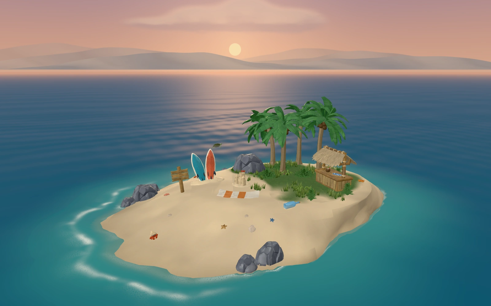 The interactive island at sunset, with palms, surfboards, and a beach surrounded by water